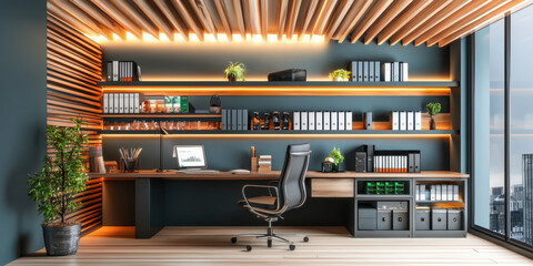 Sophisticated home office with sky blue walls and modern decor