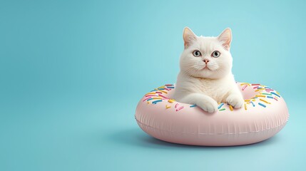 A fluffy white cat relaxes in a colorful donut-shaped cushion against a bright blue background, exuding cuteness and comfort.