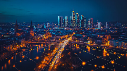 Fototapeta premium Smart digital city with connection cyber security network reciprocity over the cityscape . future smart wireless digital city and social media networking systems that connects people within the city
