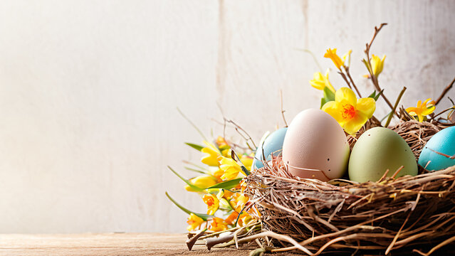 easter eggs in a nest on a wooden table with flowers
