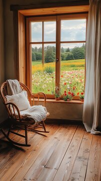 Cozy chair by window overlooking meadow with wildflowers and trees under a cloudy sky.
