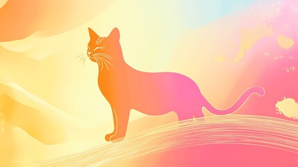 A golden cat silhouette on a colorful gradient background with a modern artistic touch