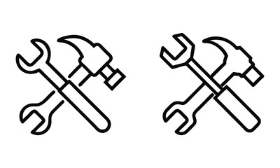 Crossed Hammer and Wrench Outline Icons, Black and white outline vector icons featuring crossed hammer and wrench, ideal for repair, construction, engineering, and DIY projects.  
