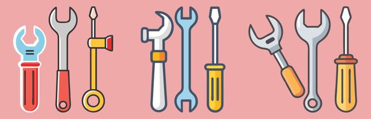 Set of Colorful Tool Vector Icons, Collection of colorful vector icons featuring various tools like hammers, wrenches, and screwdrivers, perfect for repair, construction, or DIY projects.
