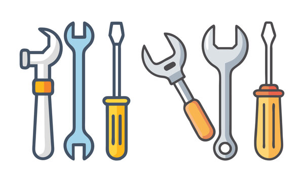 Set of Colorful Tool Vector Icons, Collection of colorful vector icons featuring various tools like hammers, wrenches, and screwdrivers, perfect for repair, construction, or DIY projects.
