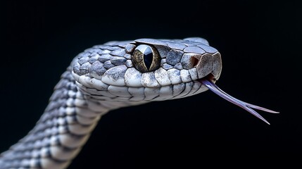 3. Silver snake with raised head and forked tongue flickering against a dark, moody background