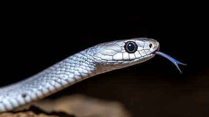 Fototapeta premium 3. Silver snake with raised head and forked tongue flickering against a dark, moody background