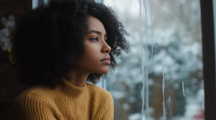 A young black woman with curly hair reflects while gazing through a snow-covered window. The image embodies a moment of contemplation and connection with nature's serenity.