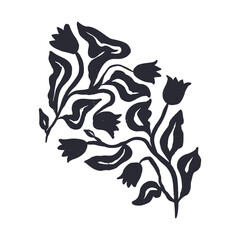 Black and white minimal abstract inky flower silhouette. Monochrome sketchy textured loose floral doodle. Hand drawn botanical abstraction