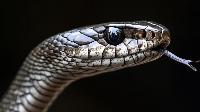 3. Silver snake with raised head and forked tongue flickering against a dark, moody background
