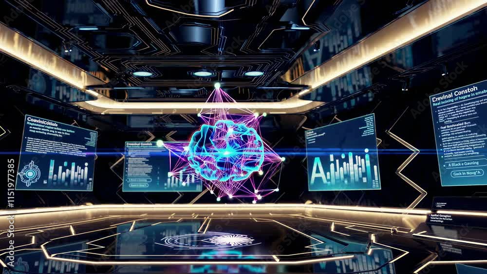 Poster exploring advanced technology in a futuristic virtual environment showcasing artificial intelligence
