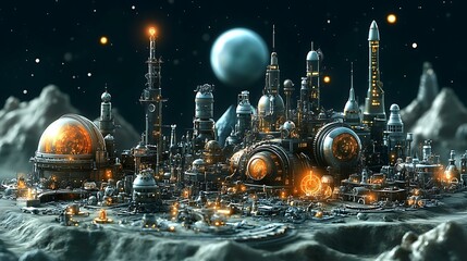 Obraz premium Steampunk Lunar Cityscape Illustration