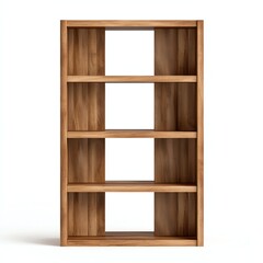 Obraz premium A wooden bookshelf with five shelves, featuring a minimalist design and a natural finish, suitable for organizing books and decorative items.