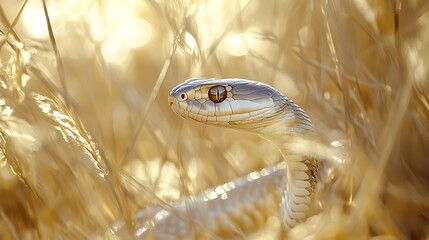 Obraz premium 13. A silver snake weaving through tall, golden grass under soft morning light