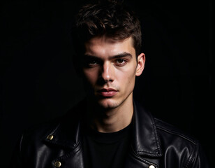 Obraz premium Dramatic Studio Portrait of a Young Man in Leather Jacket