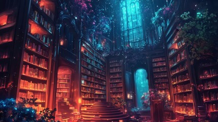 Enchanted Library Scene, vast shelves filled with radiant books, ethereal glow illuminating a mystical atmosphere, inviting exploration and wonder