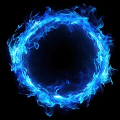 An abstract design of blue fire flames forms a light plasma effect ring, with graphic elements isolated on both transparent and black backgrounds.