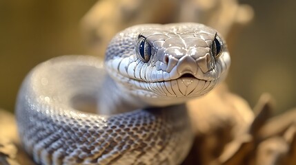 Fototapeta premium 7. Silver snake in a striking pose with its head lifted and eyes glowing faintly