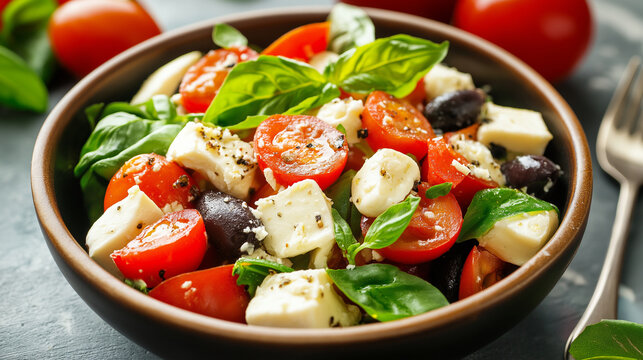 A colorful Caprese salad featuring cherry tomatoes, olives, fresh mozzarella, and basil, representing a tasty blend of flavors that is both healthy and visually appealing.