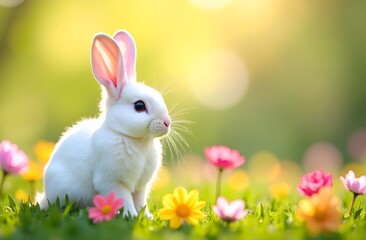 Fototapeta premium Easter white bunny on floral field.