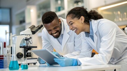 Innovative Research Partnership Scientists Collaborating in the Lab,Joyful Discovery Diverse Scientists Engaged in Experimentation,Cutting-Edge Science Teamwork and Technology in a Modern Laboratory.