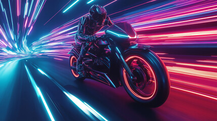 A high-speed shot of a futuristic biker on a neon-lit motorcycle, racing through vibrant light trails, embodying the thrill and excitement of advanced technology and speed.