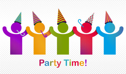 Celebrating people vector concept simple illustration or icon, celebration anniversary or holiday fun, group of cheerful happy people having fun at party.