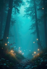 Fototapeta premium A magical forest trail lit by glowing fireflies with soft blue and green tones creates an enchanting ambiance.