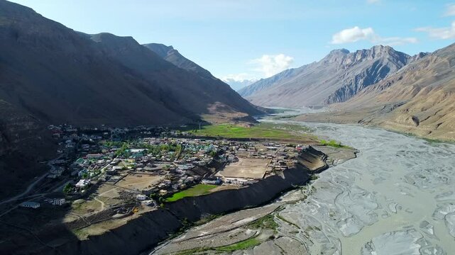 An aerial view of the beautiful kaza town and spiti river in spiti valley, himachal pradesh in India.