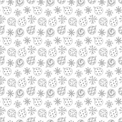 Hand drawn seamless pattern with snowflakes and Christmas tree balls. Doodle black outline illustration.