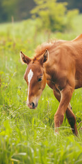 Fototapeta premium happy foal horse in field, banner with copy space
