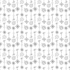 Seamless pattern with snowflakes on a thread. Doodle hand drawn black outline illustration.