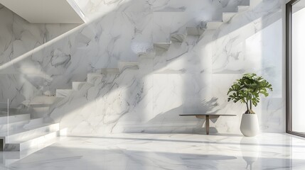 Modern Interior Space with Marble Staircase and Potted Plant