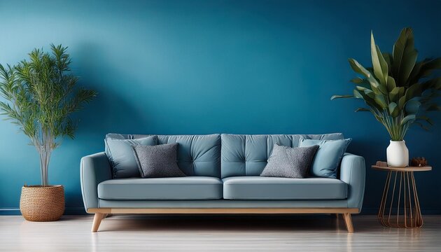 le canape d une maison dans un salon en arriere plan un mur bleu