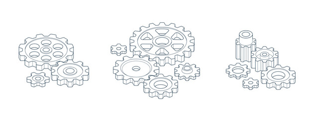 Mechanical engineering concept set, gears and cogs composition isometric 3D vector illustration, cogwheels system technology and technics machinery engine.