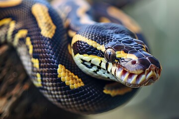 Close up of a carpet python showcasing its vibrant scales and open mouth, revealing its fangs