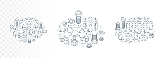 Engineer education concept set, gears and cogs composition isometric 3D vector illustration, study science in university, engineering learning.