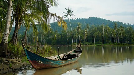 Obraz premium Tropical river scene with traditional boat moored near palm trees and lush vegetation.