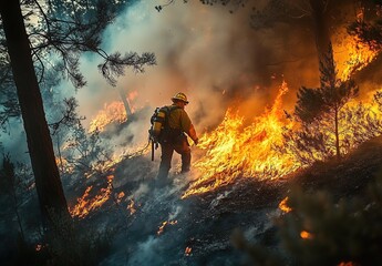 A firefighter fighting a forest fire in the woods