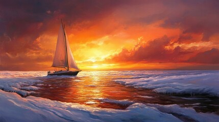 A dramatic sunset over a frozen sea, with vivid orange skies and a sailboat framed by icy expanses and soft light