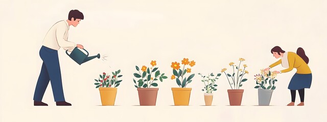 A businessman in business attire is watering three pots of flowers with a watering can