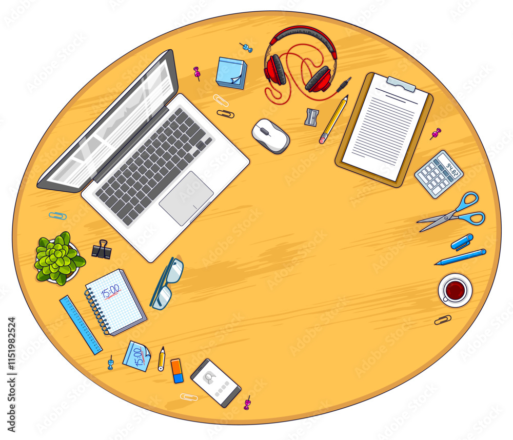 Poster wooden office desk workspace top view with pc notebook and diverse stationery objects for work with 