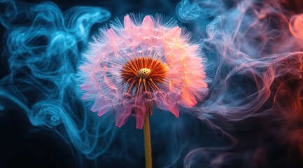 Pink dandelion seed head with swirling blue and orange smoke on dark background.