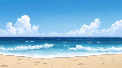 Obraz premium Tranquil Coastal Escape, serene beach scene with azure skies, gentle ocean waves, inviting atmosphere for relaxation and reflection