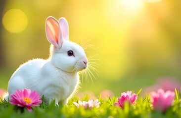 Fototapeta premium Easter white bunny on floral field.