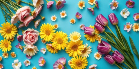 Obraz premium Floral Composition Featuring Pink Roses, Yellow Daisies, and Purple Tulips on a Vibrant Blue Background