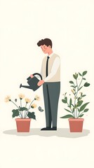 A businessman in business attire is watering three pots of flowers with a watering can