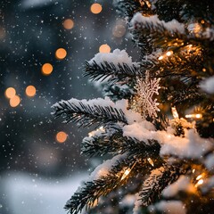 Enchanting christmas celebration with snowy lights on tree winter wonderland festive atmosphere close-up view