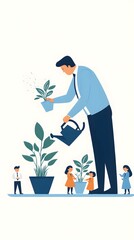 A businessman in business attire is watering three pots of flowers with a watering can