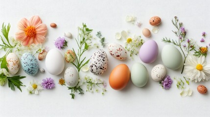 Obraz premium A flat lay of spring flowers and Easter eggs, arranged artistically on a white background